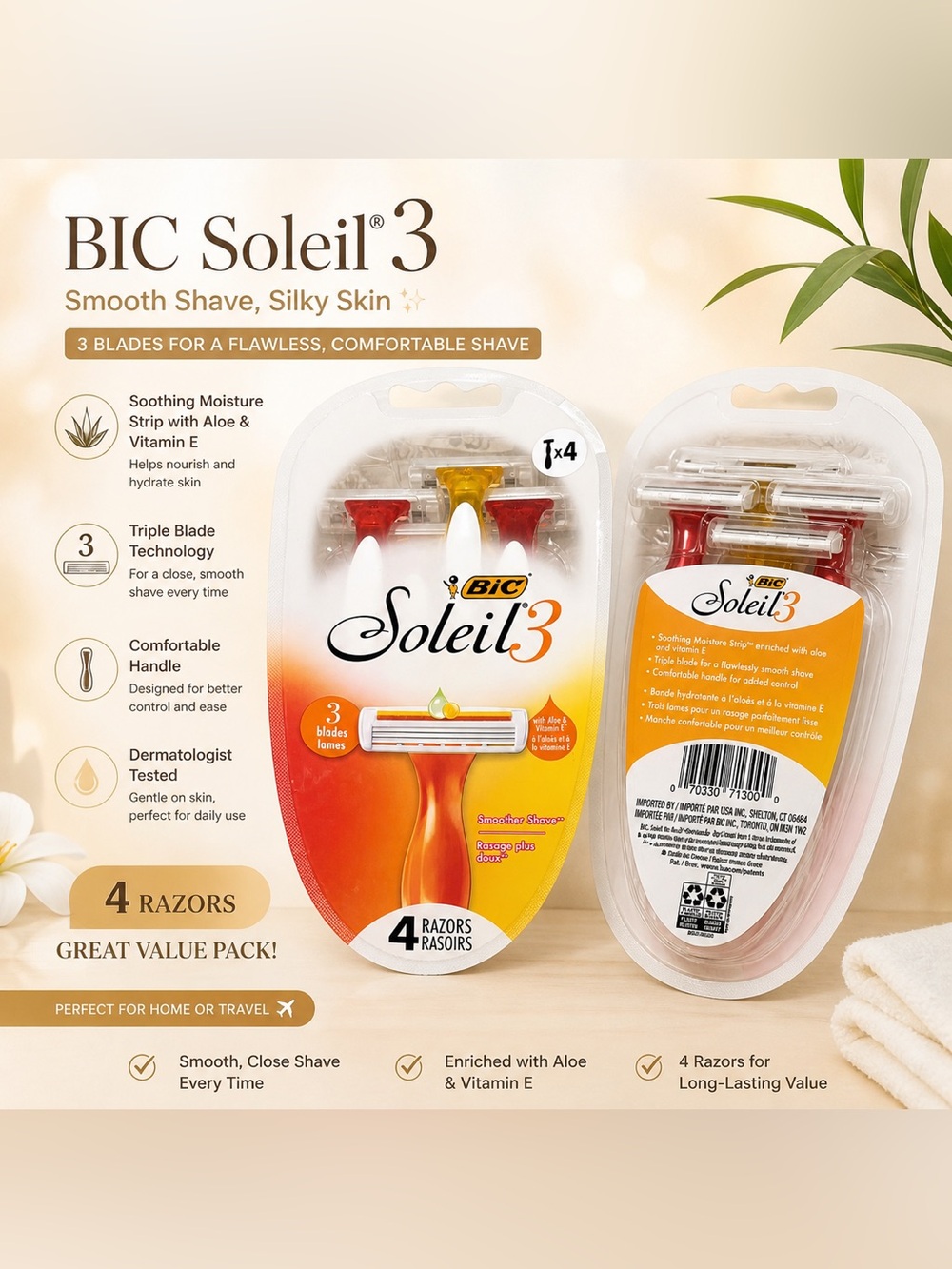 BIC Soleil 3 Disposable Razors (4 Pack) – Aloe & Vitamin E – Smooth Shave